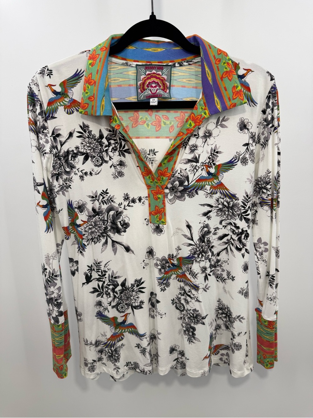 Johnny Was Dreamer Garden Split Front Henley Long Sleeve Tee Size XS Floral Boho